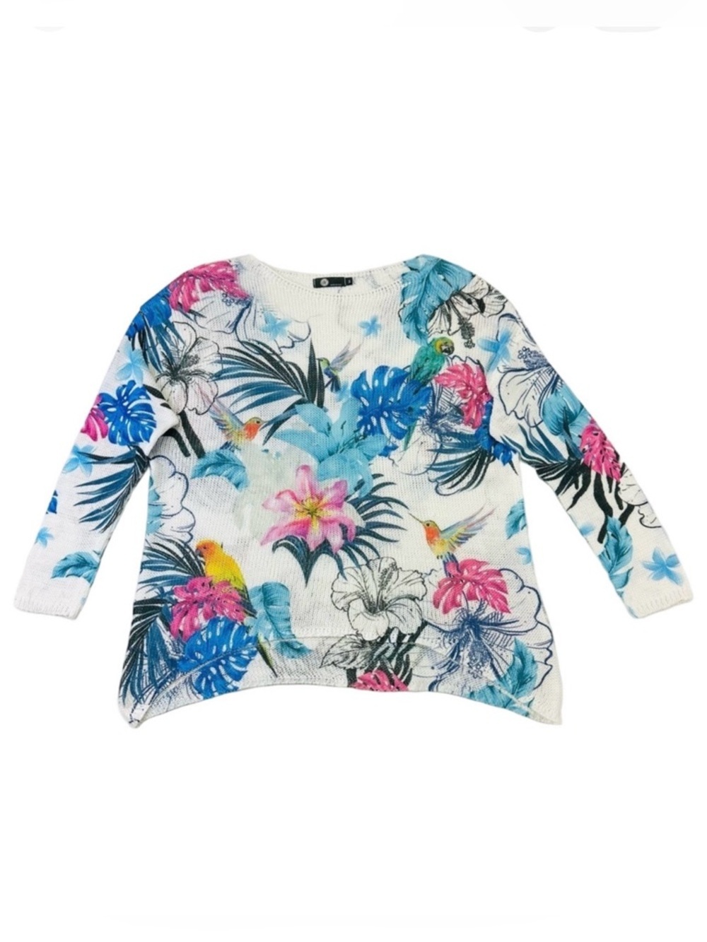 Resortwear knit womens sweater Vibrant tropical bird print relaxed fit Medium